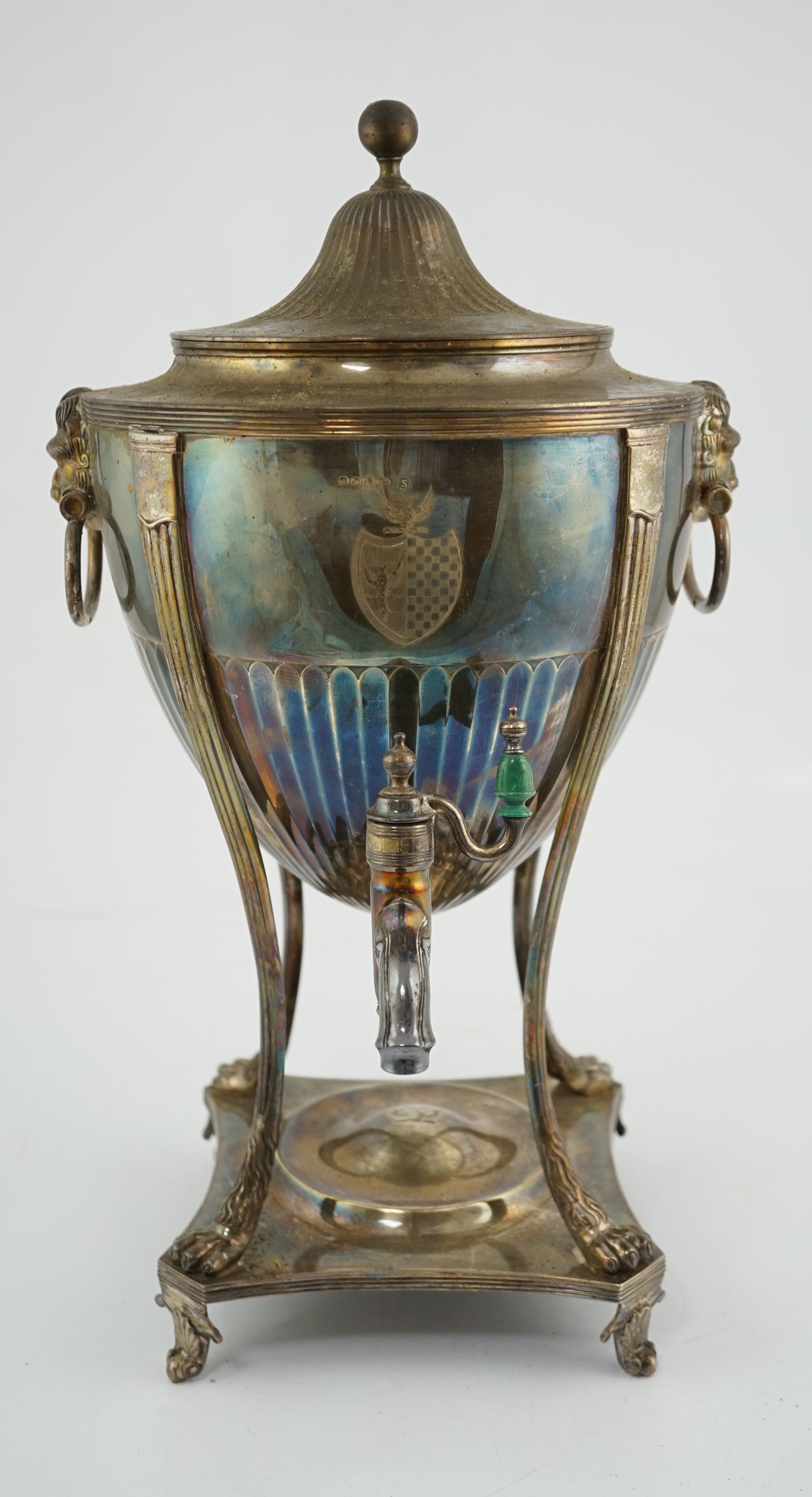 A George III demi-fluted silver tea urn and cover, by John Scofield